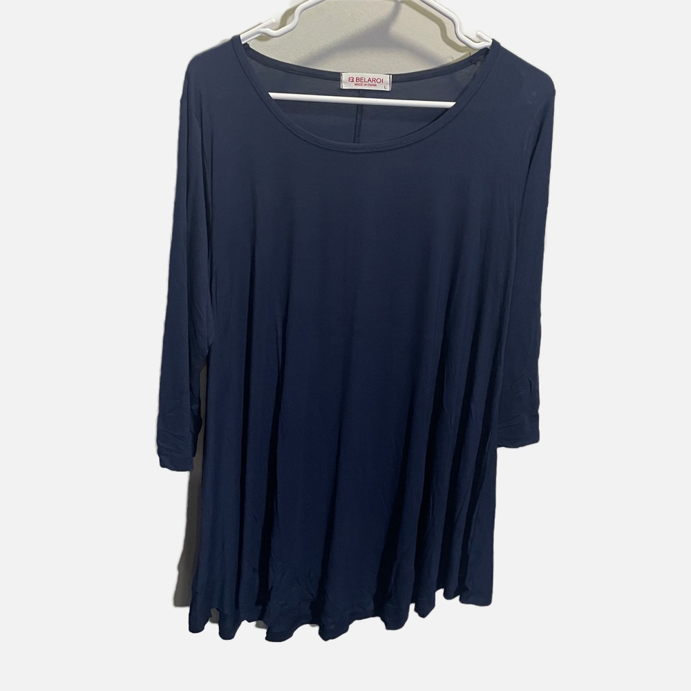 Belaroi Navy Blue Tunic Top Womens‎ Large 3/4 Sleeve Scoop Neck Flowy Solid Tee